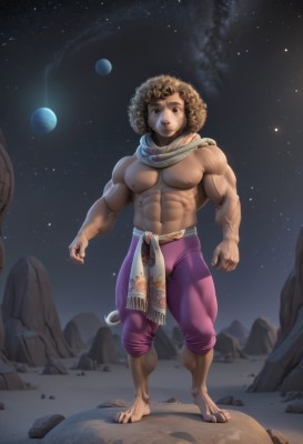 solo,looking at viewer,brown hair,1boy,navel,brown eyes,nipples,standing,full body,male focus,sky,penis,barefoot,pants,dark skin,scarf,muscular,night,abs,dark-skinned male,pectorals,muscular male,star (sky),night sky,bara,starry sky,curly hair,topless male,rock,space,planet,baggy pants,earth (planet),purple pants,afro,smile,artist name