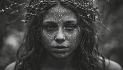 1girl,solo,long hair,looking at viewer,closed mouth,monochrome,greyscale,parted lips,artist name,blurry,lips,depth of field,blurry background,portrait,freckles,realistic,nose,hair ornament,eyelashes,branch