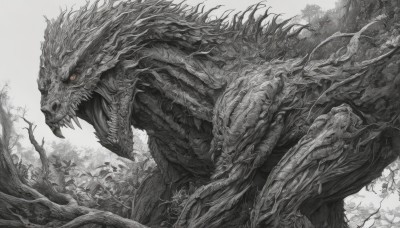 solo,open mouth,red eyes,monochrome,greyscale,outdoors,teeth,from side,tree,no humans,fangs,sharp teeth,nature,forest,spot color,monster,dragon,branch,plant