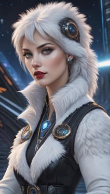 1girl,solo,breasts,looking at viewer,short hair,hair ornament,long sleeves,brown eyes,jewelry,upper body,white hair,earrings,parted lips,artist name,signature,necklace,vest,lips,coat,grey eyes,fur trim,eyelashes,makeup,night,lipstick,brooch,gem,eyeshadow,freckles,realistic,nose,red lips,eyeliner,shirt,medium breasts,hood,hood up,black vest