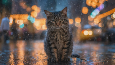 looking at viewer, outdoors, blurry, no humans, night, depth of field, blurry background, animal, cat, reflection, rain, realistic, animal focus, bokeh, city lights