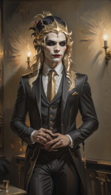 1girl,solo,long hair,looking at viewer,blonde hair,shirt,long sleeves,1boy,hat,jewelry,closed mouth,standing,jacket,white shirt,male focus,cowboy shot,necktie,alternate costume,collared shirt,pants,indoors,nail polish,vest,cup,lips,black jacket,black headwear,makeup,black pants,formal,table,ring,own hands together,suit,crown,lipstick,gem,drinking glass,gold trim,red lips,candle,yellow necktie,candlestand,candlelight,yellow eyes,artist name,fingernails,pale skin,red nails,forehead jewel,black suit,multiple rings