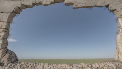 outdoors,sky,day,cloud,blue sky,dutch angle,no humans,grass,scenery,rock,horizon,ruins,landscape,cliff,comic,wall