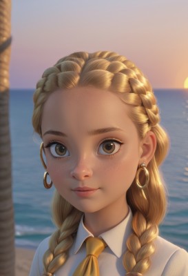 1girl,solo,long hair,looking at viewer,smile,blonde hair,shirt,brown eyes,jewelry,closed mouth,white shirt,upper body,braid,earrings,outdoors,necktie,sky,collared shirt,artist name,water,blurry,twin braids,tree,lips,eyelashes,depth of field,blurry background,ocean,watermark,beach,portrait,hair over shoulder,forehead,freckles,sunset,hoop earrings,realistic,nose,palm tree,sun,horizon,yellow necktie,hair pulled back,multiple braids,thick eyebrows,light smile,backlighting,yellow neckerchief