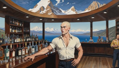 short hair,brown hair,shirt,black hair,standing,white shirt,short sleeves,male focus,multiple boys,sky,day,collared shirt,belt,pants,cloud,indoors,cup,blue sky,hand on hip,muscular,facial hair,ocean,scar,black pants,bottle,pectorals,denim,scenery,beard,alcohol,drinking glass,6+boys,jeans,mountain,bald,manly,partially unbuttoned,old man,bar (place),hawaiian shirt,multiple girls,outdoors,looking to the side,tattoo,muscular male,faceless,veins,goatee,beer,beer mug,mountainous horizon