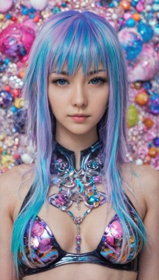 1girl,solo,long hair,breasts,looking at viewer,bangs,blue eyes,bare shoulders,jewelry,medium breasts,closed mouth,blue hair,swimsuit,upper body,bikini,multicolored hair,small breasts,necklace,bra,blurry,lips,gem,freckles,realistic,purple hair,eyelashes,gradient hair,expressionless,bikini top only