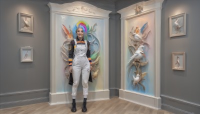 solo,looking at viewer,smile,short hair,brown hair,shirt,long sleeves,1boy,standing,jacket,full body,male focus,multicolored hair,boots,pants,indoors,dark skin,black footwear,black jacket,facial hair,bird,beard,personification,mustache,overalls,rainbow,painting (object),rainbow hair,parrot,1girl,long hair,blue hair,green hair,alternate costume,wooden floor,realistic,door