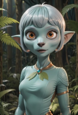 1girl,solo,breasts,looking at viewer,smile,short hair,bangs,dress,brown eyes,jewelry,upper body,grey hair,small breasts,outdoors,parted lips,pointy ears,artist name,blurry,tree,lips,orange eyes,blurry background,colored skin,leaf,nature,forest,blue skin,goblin,white hair,bodysuit,nose,green skin