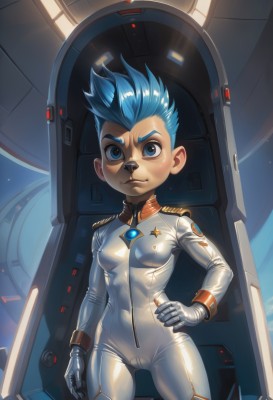 1girl,solo,breasts,looking at viewer,smile,short hair,blue eyes,gloves,blue hair,standing,cowboy shot,small breasts,shiny,hand on hip,bodysuit,covered navel,cameltoe,spiked hair,skin tight,science fiction,shiny clothes,bandaid on face,pilot suit,space,very short hair,white bodysuit,bandaid on nose,spacesuit,covered nipples,spacecraft,mohawk