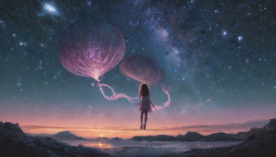 1girl, solo, long hair, black hair, dress, standing, outdoors, sky, barefoot, from behind, white dress, night, star (sky), night sky, scenery, starry sky, sunset, mountain, horizon, facing away, jellyfish