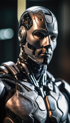 solo,looking at viewer,1boy,brown eyes,upper body,male focus,armor,blurry,helmet,robot,hand on own chest,science fiction,realistic,cyborg,power armor,humanoid robot,shiny,bodysuit,portrait,alien,spacesuit,cyberpunk