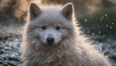 solo, looking at viewer, signature, blurry, no humans, blurry background, animal, cat, rain, dog, realistic, animal focus, white fur, fluffy