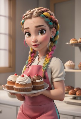 1girl,solo,long hair,looking at viewer,blush,smile,blonde hair,brown hair,shirt,holding,twintails,brown eyes,jewelry,closed mouth,standing,white shirt,braid,short sleeves,multicolored hair,cowboy shot,earrings,food,puffy sleeves,artist name,indoors,blurry,apron,twin braids,two-tone hair,puffy short sleeves,lips,streaked hair,fingernails,window,fruit,depth of field,blurry background,thick eyebrows,hair over shoulder,plate,freckles,cake,strawberry,stud earrings,holding plate,kitchen,cupcake,pink apron,pastry,multiple braids,hair ornament,blue hair,pink hair,green hair,aqua hair,gradient hair,forehead,tray,nose,overalls,holding tray,pie