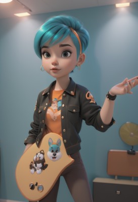 1girl,solo,looking at viewer,short hair,shirt,holding,jewelry,blue hair,standing,jacket,multicolored hair,cowboy shot,hairband,earrings,open clothes,pants,indoors,hand up,nail polish,black eyes,bracelet,two-tone hair,open jacket,lips,black jacket,grey eyes,eyelashes,aqua hair,makeup,swept bangs,black pants,denim,lipstick,instrument,sleeves rolled up,jeans,hoop earrings,nose,guitar,red lips,very short hair,leather,orange shirt,electric guitar,leather jacket,drum,mascara,studded bracelet,bulma,blue eyes,parted lips,bird,wristband,wristwatch