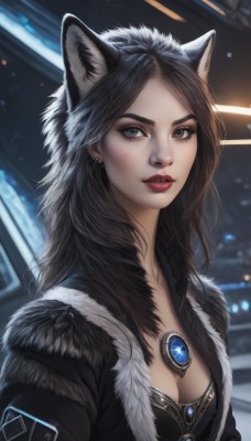 1girl,solo,long hair,breasts,looking at viewer,brown hair,black hair,animal ears,cleavage,brown eyes,jewelry,medium breasts,jacket,upper body,earrings,parted lips,cat ears,blurry,lips,animal ear fluff,fur trim,makeup,blurry background,piercing,lipstick,gem,freckles,realistic,nose,red lips,bangs,green eyes,artist name,necklace,parted bangs,wolf ears,forehead,wolf girl