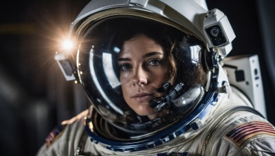 1girl,solo,looking at viewer,brown hair,brown eyes,closed mouth,upper body,blurry,lips,blurry background,helmet,portrait,lens flare,reflection,science fiction,realistic,space,dirty,american flag,spacesuit,dirty face,space helmet,astronaut,blue eyes,black hair,1boy,male focus,dark skin,freckles,planet