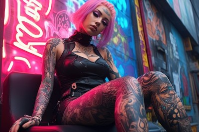 1girl,solo,breasts,looking at viewer,short hair,large breasts,gloves,cleavage,bare shoulders,jewelry,medium breasts,sitting,closed eyes,pink hair,pantyhose,earrings,sleeveless,belt,fingerless gloves,bracelet,lips,clothing cutout,tattoo,makeup,feet out of frame,cleavage cutout,crossed legs,lipstick,eyeshadow,nose,eyeliner,arm tattoo,shoulder tattoo,facial tattoo,leg tattoo,mascara,cyberpunk,neck tattoo,neon lights,shirt,multicolored hair,outdoors,parted lips,artist name,nail polish,collar,piercing,bob cut,thick eyebrows,fishnets,black nails,forehead mark,undercut,chest tattoo,graffiti,black lips,full-body tattoo,pink eyeshadow