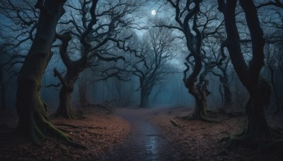 outdoors,sky,water,tree,no humans,night,moon,nature,night sky,scenery,full moon,forest,reflection,dark,bare tree,fog,moonlight,cloud,grass,plant,road,landscape,path