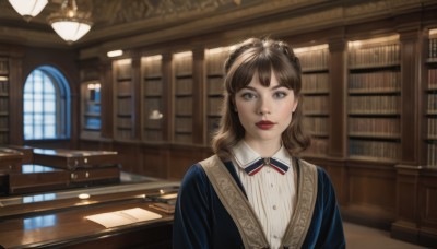 1girl,solo,looking at viewer,bangs,blue eyes,brown hair,shirt,closed mouth,white shirt,upper body,braid,indoors,medium hair,blurry,lips,grey eyes,book,window,depth of field,chair,table,realistic,bookshelf,red lips,book stack,library,quill,smile,dress,brown eyes,day,black eyes,makeup,blurry background,sunlight,lipstick