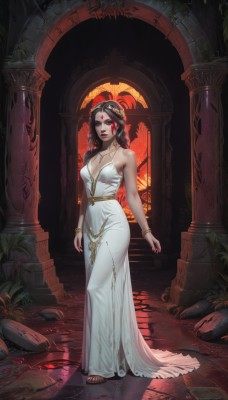 1girl,solo,long hair,breasts,looking at viewer,large breasts,brown hair,black hair,hair ornament,red eyes,dress,cleavage,bare shoulders,jewelry,medium breasts,closed mouth,standing,full body,flower,earrings,barefoot,pointy ears,indoors,necklace,nail polish,white dress,bracelet,lips,blood,makeup,facial mark,sandals,tiara,plant,lipstick,elf,gem,circlet,long dress,red lips,forehead jewel,pillar,column,head chain,blue eyes,parted lips,sleeveless,toes,sleeveless dress,watermark,red nails,walking,toenails,realistic,ruins,gold chain,arch