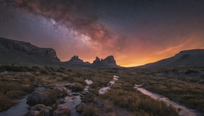 outdoors,sky,cloud,water,no humans,night,grass,star (sky),nature,night sky,scenery,starry sky,reflection,sunset,rock,mountain,horizon,river,evening,landscape,mountainous horizon,gradient sky,orange sky