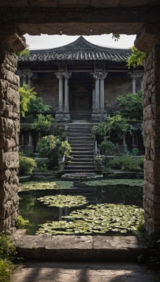 outdoors,day,tree,no humans,sunlight,grass,plant,building,scenery,stairs,architecture,ruins,east asian architecture,pillar,statue,shrine,moss,stone lantern,stone stairs,nature,bush,torii,real world location