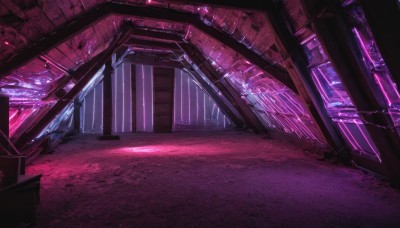 outdoors,indoors,dutch angle,no humans,window,night,building,scenery,science fiction,stairs,dark,ruins,purple theme,glowing