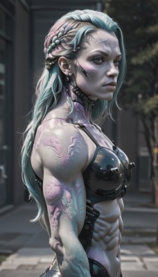 1girl,solo,long hair,breasts,looking at viewer,navel,jewelry,closed mouth,blue hair,upper body,braid,multicolored hair,earrings,outdoors,armor,blurry,from side,two-tone hair,lips,grey eyes,aqua hair,tattoo,muscular,blurry background,colored skin,scar,piercing,abs,science fiction,toned,realistic,nose,muscular female,android,cyborg,medium breasts,underwear,small breasts,artist name,bra,makeup,watermark,black bra,veins,facepaint,bodypaint