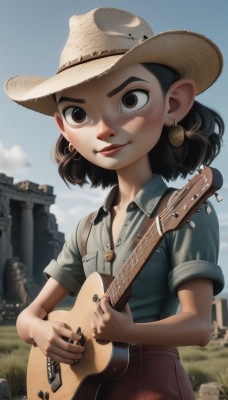 1girl,solo,looking at viewer,smile,short hair,skirt,brown hair,shirt,black hair,hat,holding,brown eyes,jewelry,closed mouth,standing,upper body,short sleeves,cowboy shot,earrings,outdoors,sky,day,collared shirt,artist name,cloud,medium hair,necklace,blurry,flat chest,blue sky,lips,buttons,blurry background,blue shirt,wing collar,instrument,child,grey shirt,freckles,pocket,hoop earrings,music,brown headwear,guitar,female child,breast pocket,playing instrument,holding instrument,electric guitar,plectrum,pointy ears,signature,depth of field,denim,nose,denim jacket