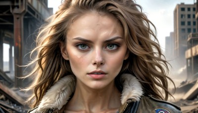 HQ,1girl,solo,long hair,looking at viewer,blue eyes,blonde hair,brown hair,green eyes,collarbone,jacket,outdoors,parted lips,teeth,day,blurry,lips,fur trim,eyelashes,depth of field,blurry background,scar,wind,building,messy hair,portrait,close-up,forehead,freckles,city,realistic,nose,dirty,dirty face,blush,sky,fur collar,fur-trimmed jacket