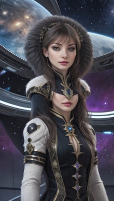 1girl,solo,long hair,breasts,looking at viewer,brown hair,cleavage,brown eyes,jewelry,medium breasts,upper body,earrings,hood,lips,fur trim,clothing cutout,makeup,cleavage cutout,lipstick,star (sky),realistic,nose,space,planet,earth (planet),bangs,science fiction