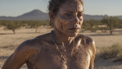 solo,looking at viewer,short hair,black hair,1boy,jewelry,closed mouth,upper body,male focus,outdoors,day,dark skin,necklace,blurry,blurry background,dark-skinned male,realistic,dirty,very dark skin,dirty face,brown hair,collarbone,looking to the side,looking away,topless male