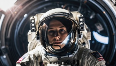 1girl,solo,looking at viewer,blue eyes,brown hair,1boy,upper body,blurry,lips,helmet,lens flare,reflection,science fiction,realistic,space,american flag,spacesuit,japanese flag,united states,astronaut,black hair,brown eyes,portrait,planet,earth (planet),spacecraft,space helmet