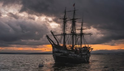 outdoors,sky,cloud,water,military,no humans,ocean,cloudy sky,scenery,sunset,turret,horizon,military vehicle,flag,watercraft,vehicle focus,ship,smokestack,warship,boat