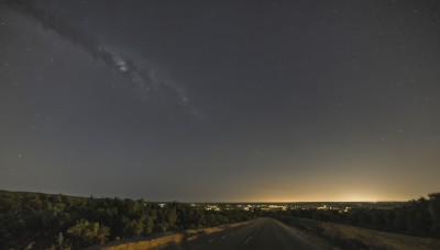 outdoors,sky,cloud,tree,no humans,night,grass,star (sky),nature,night sky,scenery,forest,starry sky,sunset,mountain,horizon,river,landscape,mountainous horizon,city lights,hill,star (symbol),ocean