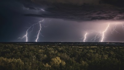 1girl,long hair,multiple girls,outdoors,sky,cloud,tree,no humans,night,cloudy sky,grass,nature,scenery,forest,horizon,silhouette,electricity,dark,field,lightning,landscape,water,ocean,night sky,city,cityscape,city lights,hill