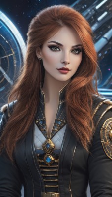 1girl,solo,long hair,breasts,looking at viewer,brown hair,brown eyes,jewelry,jacket,upper body,earrings,necklace,lips,black jacket,makeup,lipstick,freckles,realistic,nose,red lips,space,shirt,medium breasts,closed mouth,green eyes,red hair,artist name,eyelashes,eyeshadow