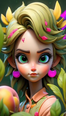 1girl,solo,looking at viewer,short hair,blonde hair,shirt,hair ornament,jewelry,closed mouth,green eyes,flower,earrings,food,green hair,collared shirt,artist name,blurry,lips,eyelashes,makeup,fruit,leaf,plant,portrait,freckles,green background,nose,vines,upper body,petals,watermark,web address