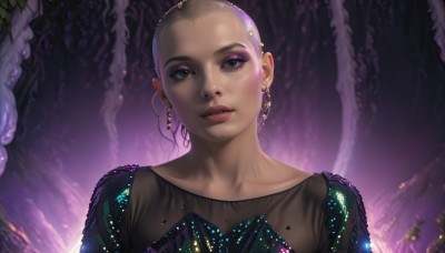 1girl,solo,looking at viewer,hair ornament,dress,jewelry,green eyes,collarbone,upper body,earrings,parted lips,teeth,dark skin,dark-skinned female,lips,eyelashes,makeup,portrait,forehead,eyeshadow,freckles,realistic,nose,mascara,short hair,mole,lipstick,gem,purple background,eyeliner