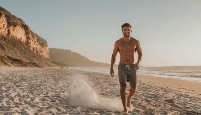 solo,looking at viewer,smile,short hair,open mouth,black hair,1boy,navel,nipples,full body,closed eyes,male focus,outdoors,shorts,barefoot,day,dark skin,water,stomach,muscular,facial hair,ocean,beach,abs,dark-skinned male,thick eyebrows,pectorals,muscular male,bara,beard,large pectorals,walking,topless male,mature male,sand,undercut,male swimwear,navel hair,photo background,swim trunks,footprints,sky,bulge,chest hair