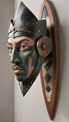 solo,simple background,black hair,1boy,male focus,teeth,armor,black eyes,lips,grey eyes,colored skin,facial hair,helmet,portrait,beard,shield,realistic,goatee,green skin,brown eyes,parted lips,grey background,piercing,nose,mustache,manly,nose piercing