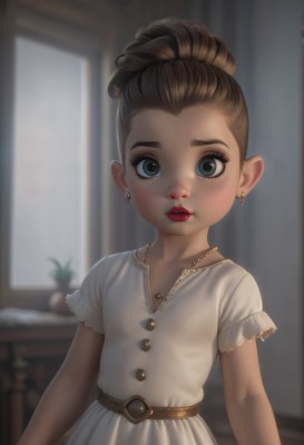 1girl,solo,looking at viewer,blue eyes,brown hair,dress,jewelry,upper body,short sleeves,earrings,parted lips,teeth,belt,indoors,necklace,hair bun,white dress,blurry,lips,grey eyes,eyelashes,window,makeup,depth of field,blurry background,plant,lipstick,child,red lips,female child,potted plant,hair pulled back,flat chest,buttons,single hair bun,eyeshadow,realistic