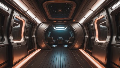 indoors,no humans,star (sky),scenery,reflection,science fiction,realistic,space,spacecraft,cockpit,seat,window,machinery,wooden floor,light,cable,screen