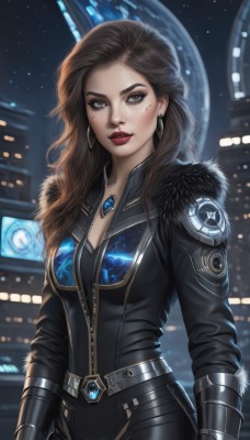 1girl,solo,long hair,breasts,looking at viewer,brown hair,gloves,cleavage,brown eyes,jewelry,medium breasts,jacket,earrings,sky,belt,artist name,necklace,mole,lips,fur trim,mole under eye,bodysuit,makeup,night,lipstick,gem,eyeshadow,zipper,hoop earrings,black bodysuit,red lips,leather,upper body,parted lips,signature,star (sky),freckles,science fiction,realistic,nose