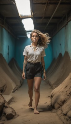 1girl,solo,long hair,looking at viewer,blonde hair,brown hair,shirt,brown eyes,jewelry,closed mouth,standing,full body,white shirt,short sleeves,earrings,shorts,barefoot,collared shirt,belt,necklace,bracelet,lips,tattoo,toes,black shorts,wind,walking,realistic,nose,arms at sides,arm tattoo,ruins,dirty,dirty feet,shirt tucked in