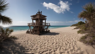 outdoors,sky,day,cloud,water,tree,blue sky,no humans,ocean,beach,scenery,sand,palm tree,horizon,shore,ground vehicle,vehicle focus