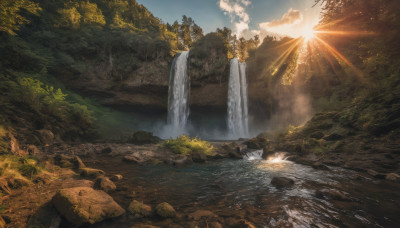 outdoors, sky, day, cloud, water, tree, blue sky, no humans, sunlight, nature, scenery, forest, rock, mountain, sun, river, waterfall