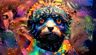 HQ,solo,looking at viewer,1boy,yellow eyes,upper body,male focus,no humans,mask,glowing,facial hair,beard,mustache,teeth,animal,monster,dog,colorful