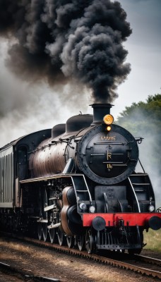 outdoors,sky,day,cloud,tree,military,no humans,ground vehicle,scenery,motor vehicle,smoke,military vehicle,vehicle focus,train,world war ii,railroad tracks,train station