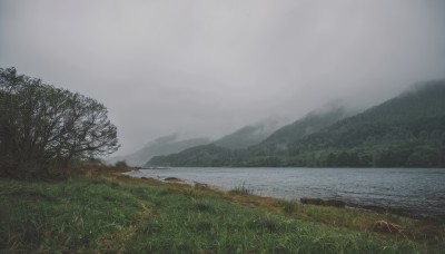 outdoors,sky,day,cloud,water,tree,no humans,cloudy sky,grass,nature,scenery,forest,mountain,river,landscape,mountainous horizon,lake,fog,grey sky,overcast,rock